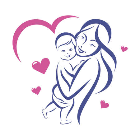 Happy mother and baby, smiling family outlined vector sketch.のイラスト素材