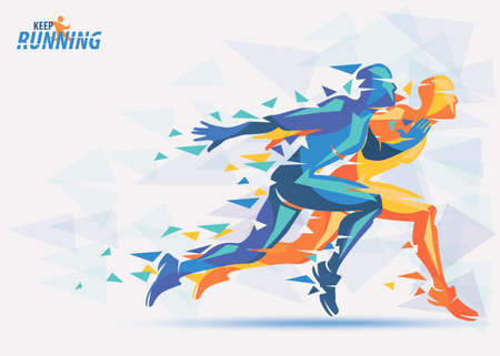 Running athletes in orange and blue color, sport and competition background with motion color effects of triangle splintsのイラスト素材