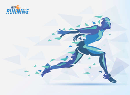 Running blue silhouette of man, sport and competition background with motion color effects of triangle splintsのイラスト素材