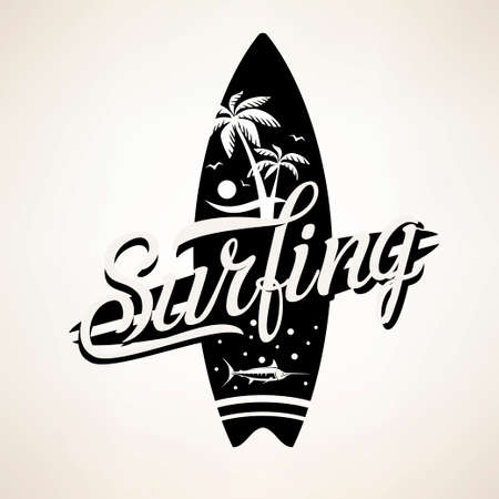 Surfing emblem template, surfboard silhouette with letteringのイラスト素材