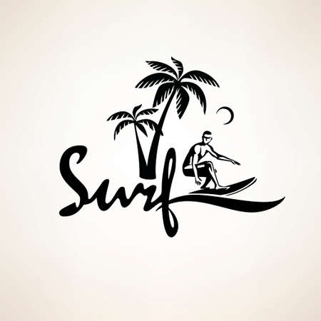 surf rider symbol, print template, stylized vector silhouette of surferのイラスト素材