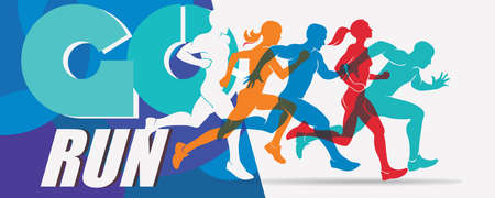 running people set of stylized silhouettes, sport and activity  background, poster templateのイラスト素材