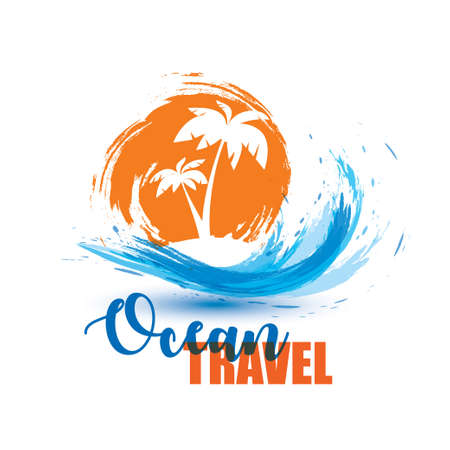 seascape with palm trees on island and ocean waves, stylized vector symbolのイラスト素材