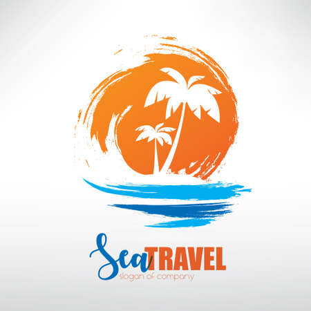 seascape with palm trees on island and ocean waves, stylized vector symbolのイラスト素材