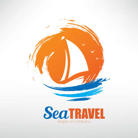 sail boat on seascape background, stylized vector symbolのイラスト素材