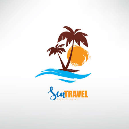 seascape with palm trees on island and ocean waves, stylized vector symbolのイラスト素材