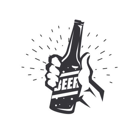 hand holding beer bottle, stylized vector symbol in retro style, logo templateのイラスト素材