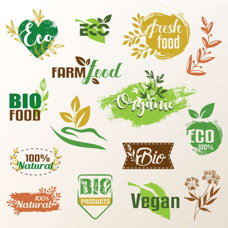 bio, eco products label collection, set of emblems or stamp templateのイラスト素材