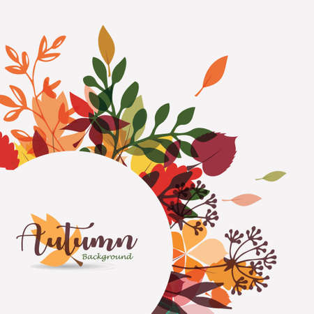 autumn leaves stylized background, autumn seasonal circle frame templateのイラスト素材