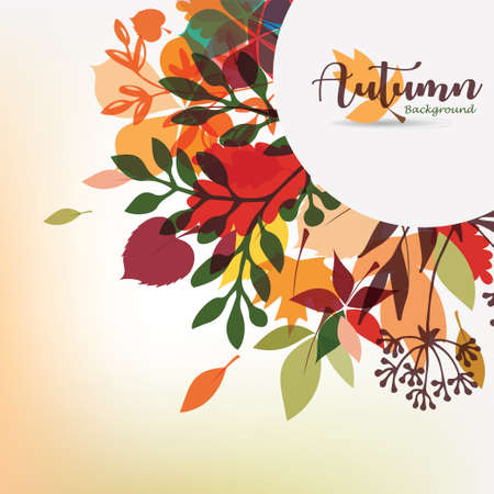 autumn leaves stylized background, autumn seasonal circle frame templateのイラスト素材