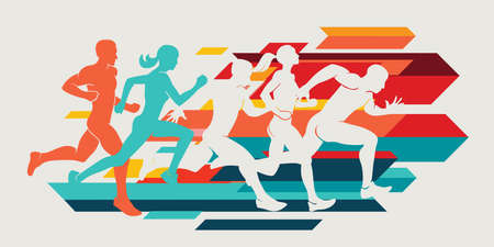 running people set of silhouettes, sport and activity  backgroundのイラスト素材