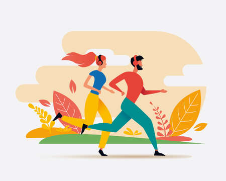 running couple in autumn landscape, stylized colorfull vectorのイラスト素材
