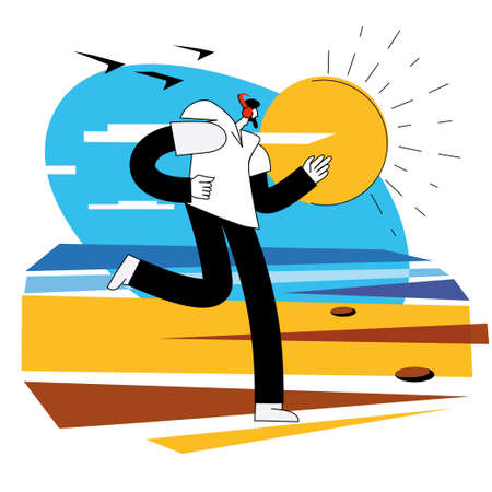 man running at sea shore, stylized trendy illustrationのイラスト素材