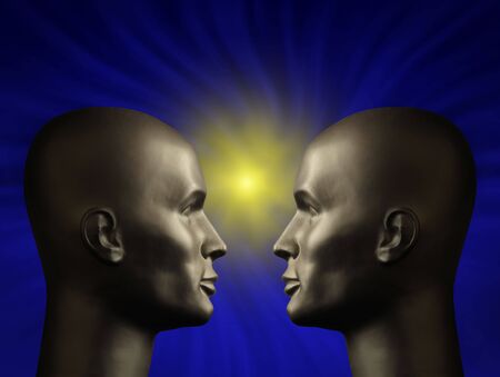 Two android heads facing one another in a blue vortexの写真素材