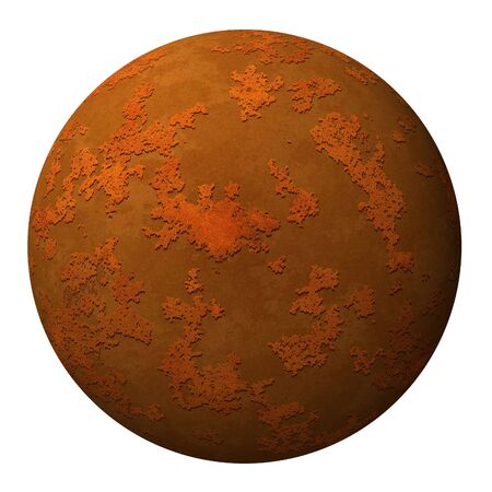 Sphere ball or planet with a rusty iron metal textured surface against white backgroundの写真素材