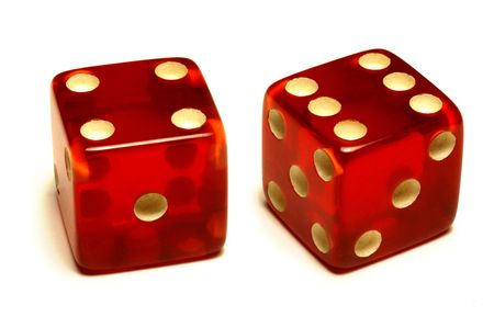 Two red dice on a white surface.の写真素材