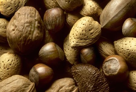 A variety of tree nuts including almonds, hazelnuts, and walnutsの写真素材