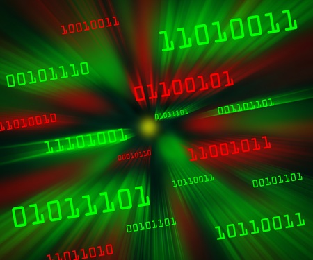 Tilted red and green bytes of binary code flying through a vortex. Horizontalの写真素材