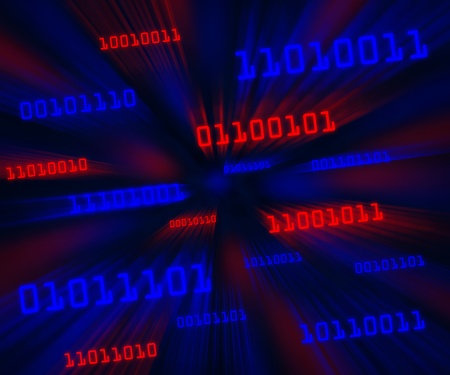 Tilted red and blue bytes of binary code flying through a vortex. Horizontalの写真素材