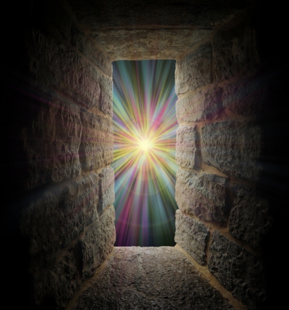 Mystical stone window, entrance or portal to a pastel vortexの写真素材