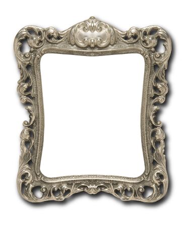 An ornate pewter picture frame against a white background with drop shadowの写真素材