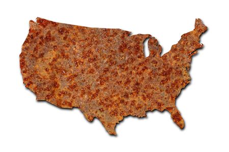 Rusted corroded metal map of the United States on white backgroundの写真素材