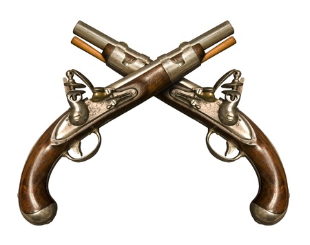 Two Crossed Flintlock Pistols against white background. Flintlock pistols manufactured by gunmaker Simeon North circa 1813, although it is similar to what was used during the American Revolution. It was one of the few flintlocks made in the United States のeditorial素材