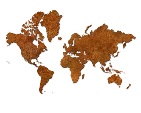 Global map with rusty metal continents on a white backgroundの写真素材