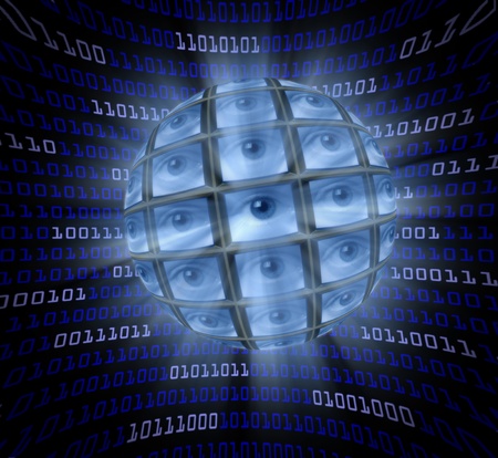 A sphere of video monitors each showing an eyeball surrounded by a curved field of blue digital computer codeの写真素材