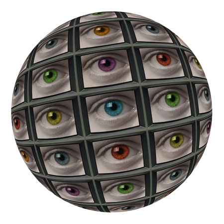 Sphere of video screens showing multi-colored eyes. On white background.の写真素材