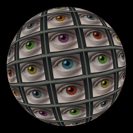 Sphere of video screens showing multi-colored eyes. On black background.の写真素材