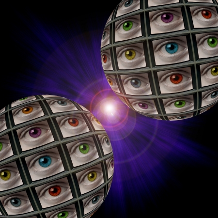 Two sphere of video screens showing multi-colored eyes, in a bluish vortex with lens flareの写真素材