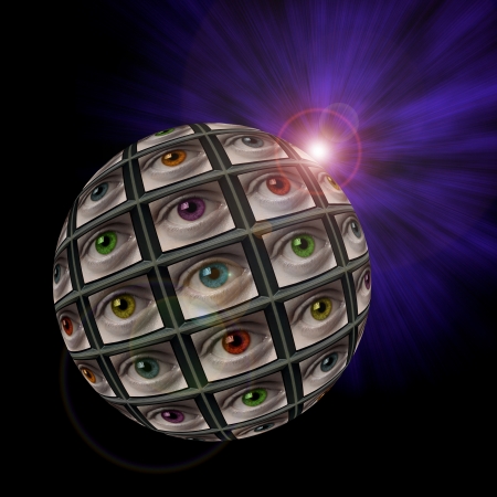 Sphere of video screens showing multi-colored eyes with an exploding light in background with lens flareの写真素材
