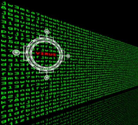 The word VIRUS is highlighted in a wall of green machine codeの写真素材