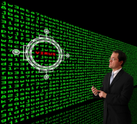 Man in a suit detecting computer virus in a wall of machine codeの写真素材