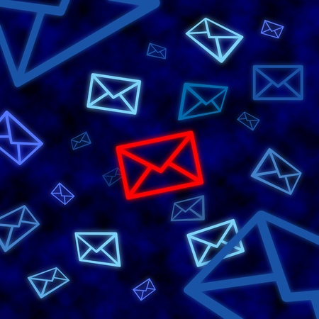 Email icon targeted by electronic surveillance in a blue cyberspaceの写真素材