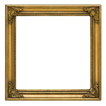 Antique square picture frame painted gold against white backgroundの写真素材