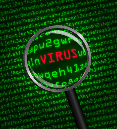 Magnifying glass locating a virus in computer machine codeの写真素材