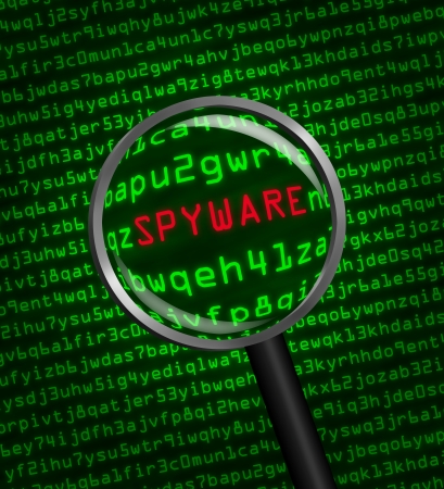 Magnifying glass locating spyware in computer machine codeの写真素材