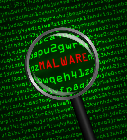 Magnifying glass enlarging malware in computer machine codeの写真素材