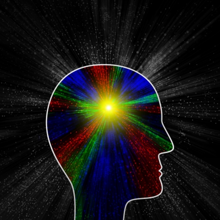 Colorful explosion of thought or pain as suggested by the head profileの写真素材