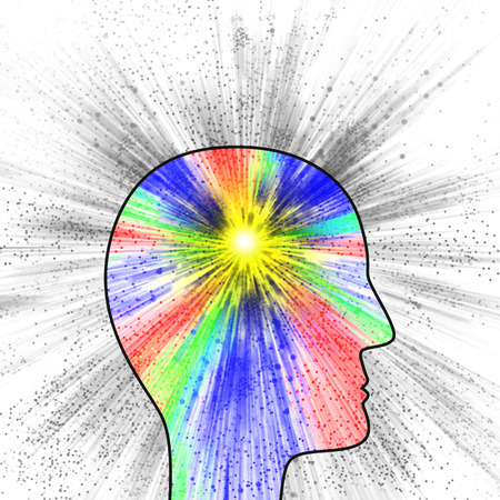 Colorful explosion of thought or pain as suggested by the head profileの写真素材