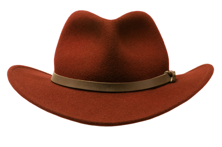 Red felt Adirondack-style hat isolated against a white backgroundの写真素材