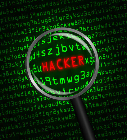 The word "HACKER" in red revealed revealed in green computer machine code through a magnifying glass の写真素材