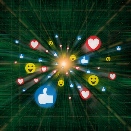 Various emoji symbols flying through green cyberspaceの写真素材