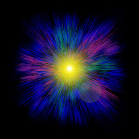 Colorful Explosion in Space aganst Black with lens flareの写真素材