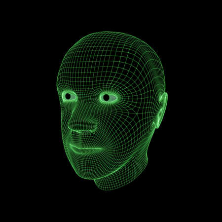 Green wireframe rendering of a man's head against a black backgroundの写真素材