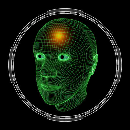 Wireframe rendering of a man's head against a black backgroundの写真素材
