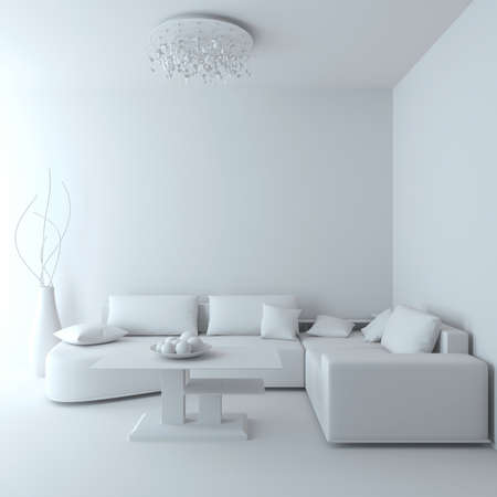 Empty Living room. Angular sofa, dinner-wagon, chandelier, vase. の写真素材