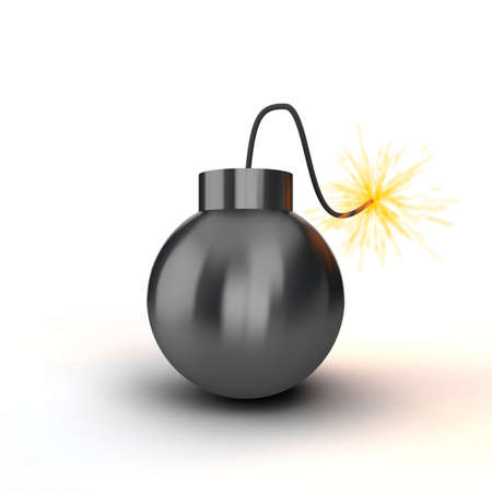 Black bomb with an alight cord on a white background